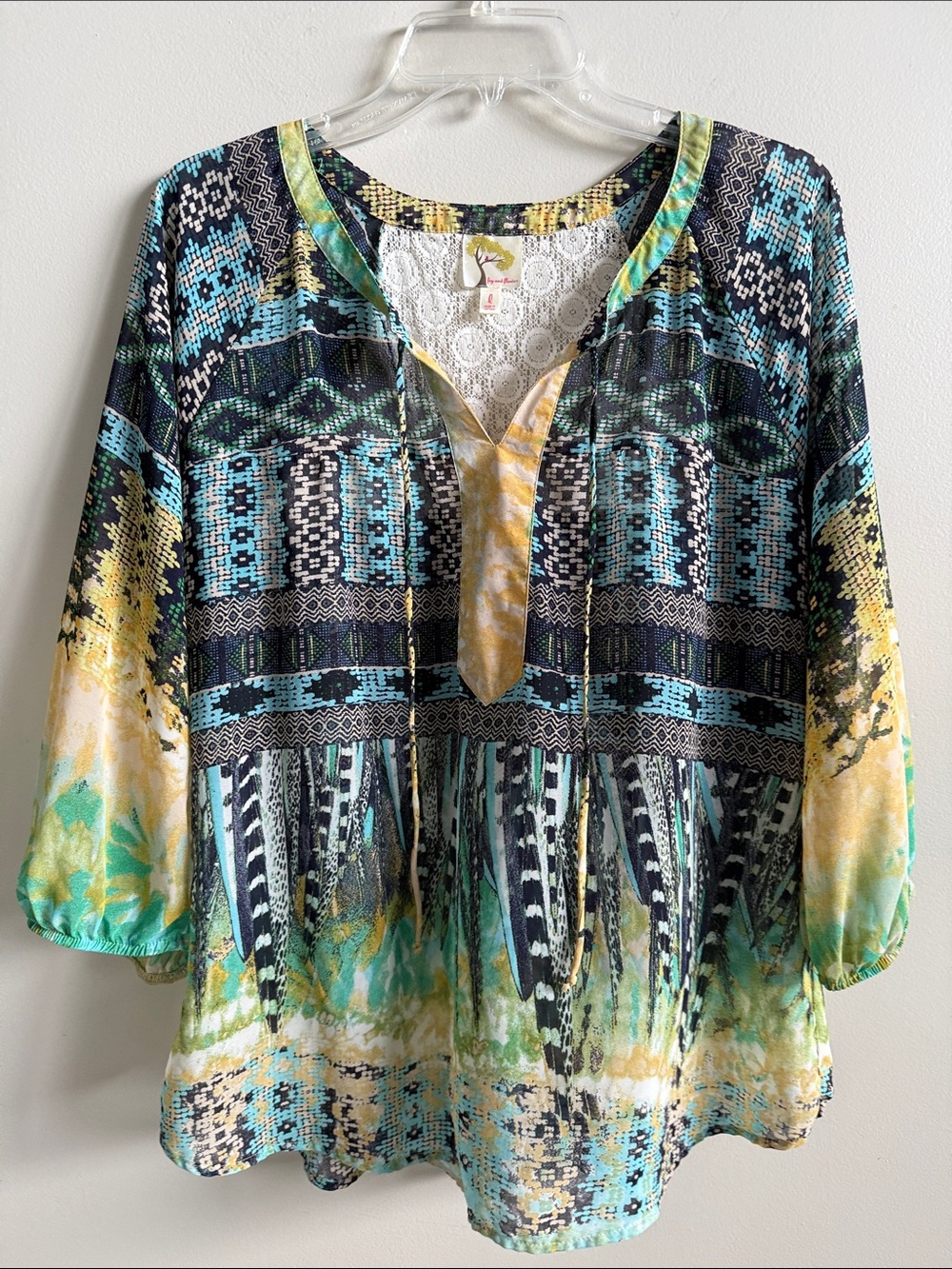 fig and flower Teal, Yellow & Black Printed V-Neck Boho Tunic